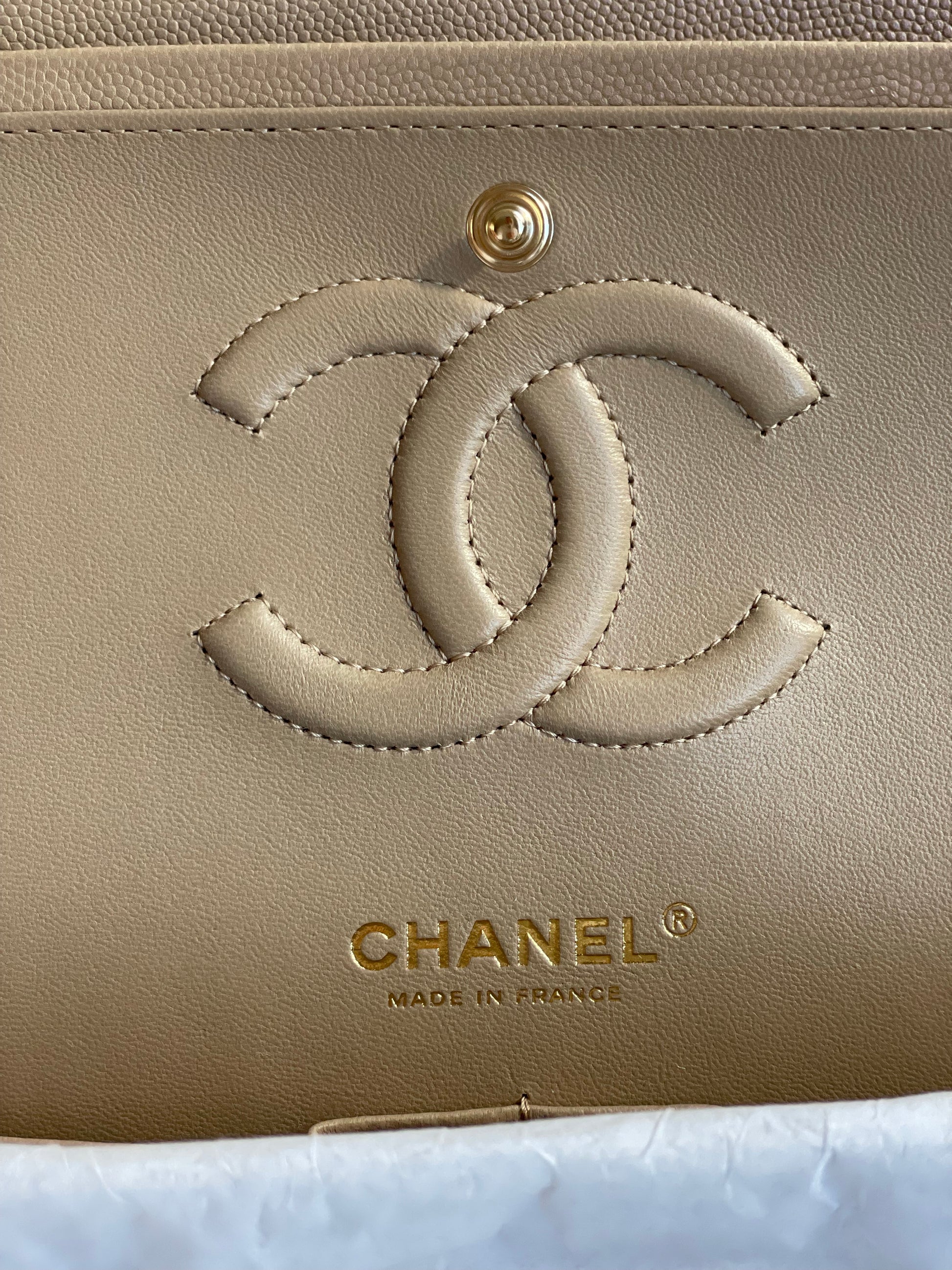 Authentic NEW Chanel Iridescent Dark Beige Quilted Caviar Leather Clas –  Paris Station Shop